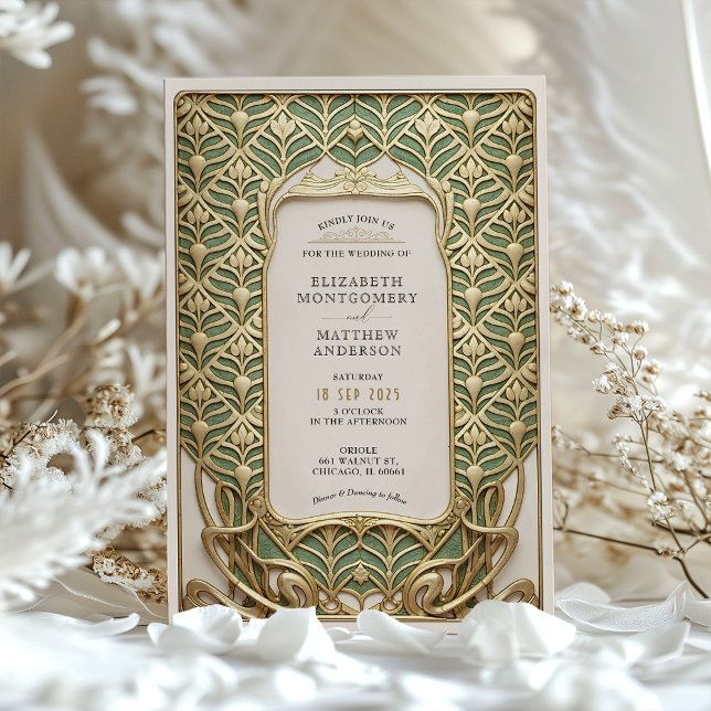 Luxus-Hochzeit im Gold & Green Art Nouveau Einladung (Von Creator hochgeladen)