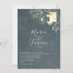 Luxus-Hochzeit in Marineblau und Gold mit floralem Einladung