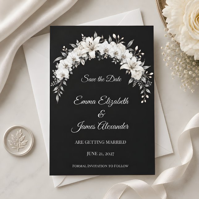 Luxus-Hochzeit in Monochrom  Save The Date (Luxury monochrome wedding save the date mockup. Created using AI technology)