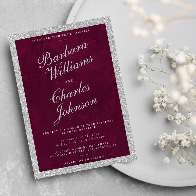 Luxus-Hochzeit in Watercolor burgundy silber Glitz Einladung (Watercolor burgundy silver glitter luxury wedding )