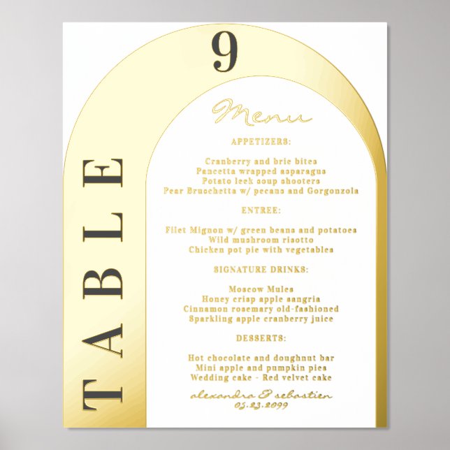 Luxus-Hochzeitsmenü und Tischnummer Gold Silver Foliendrucke (Vorderseite)