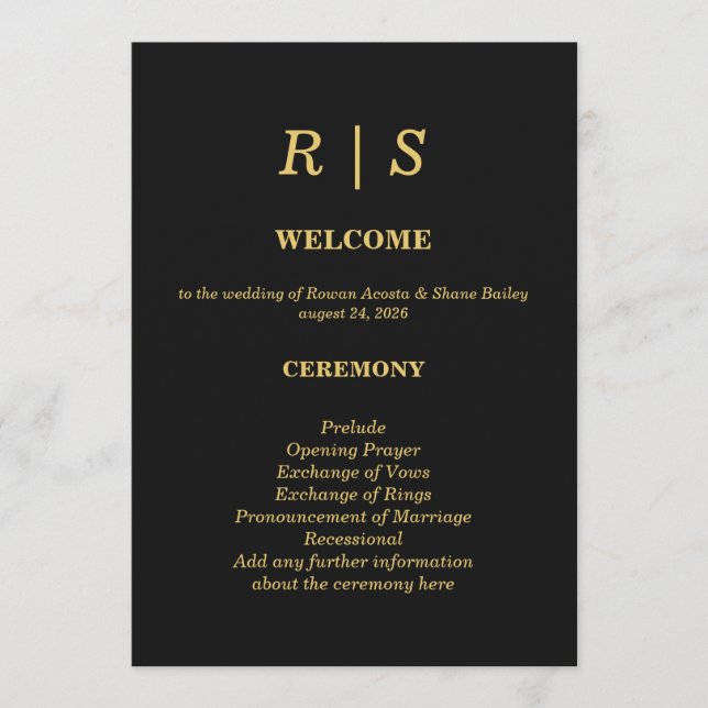 Luxus-Hochzeitsprogrammkarte in Schwarz und Gold Programm (Vorderseite)