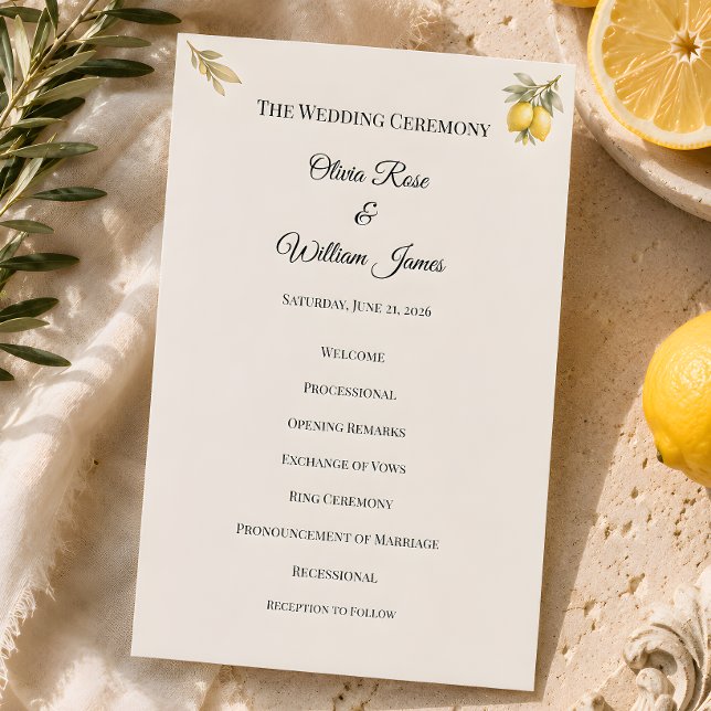Luxus-Hochzeitszeremonie-Programmkarte im mediterr Programm (Wedding ceremony program )