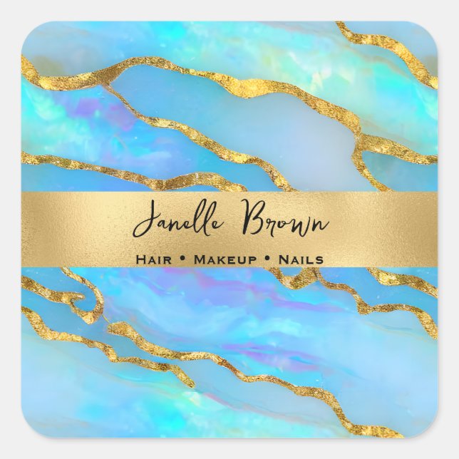 Luxus-Holographic Imitate Opal Stone and Gold Foil Quadratischer Aufkleber (Vorderseite)