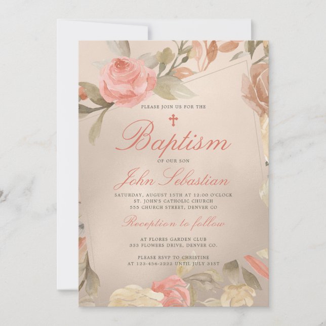 Luxus-Imitate Gold Foil Peach Cream Floral Taufe Einladung (Vorderseite)