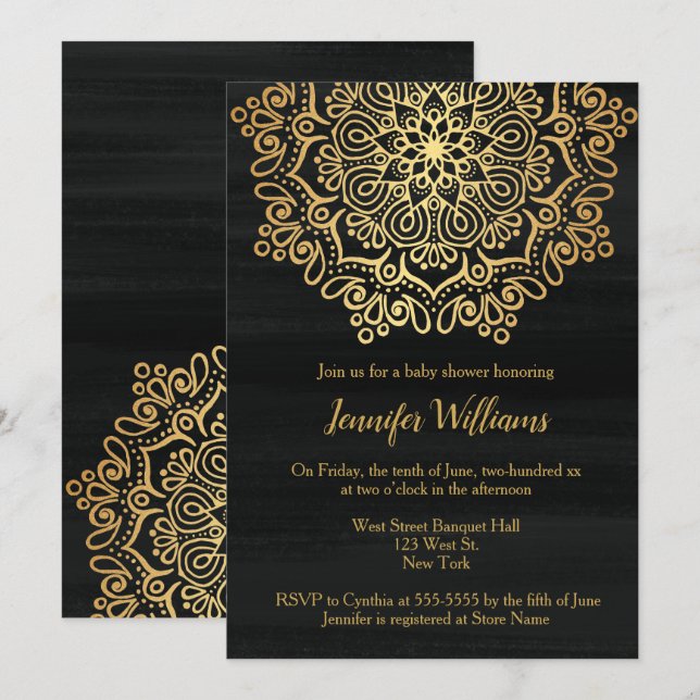 Luxus Imitats Gold Mandala Black Baby Dusche Einladung (Vorne/Hinten)