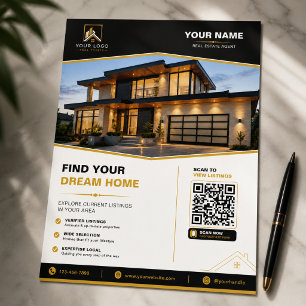 Luxus-Immobilien QR-Design Flyer Schwarz Gold