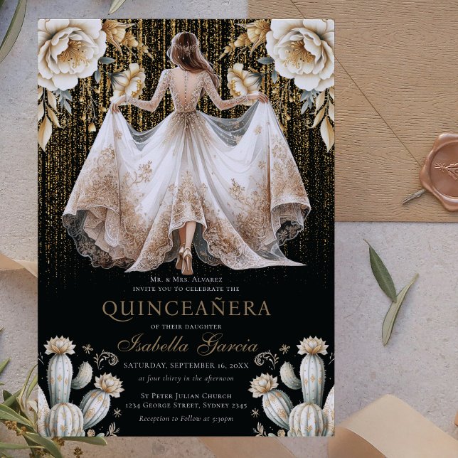 Luxus Ivory Black Gold Quinceñera Einladung (Von Creator hochgeladen)