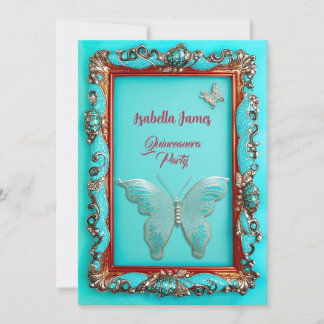 Luxus klassische Gold türkis Butterfly Quinceanera Einladung