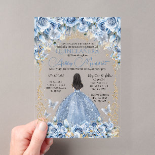 Luxus-Kleid Babyblau Gold Prinzessin Quinceanera Acryleinladungen