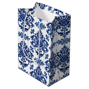 Luxus königsblau-weißes barockes Blumenmuster Mittlere Geschenktüte