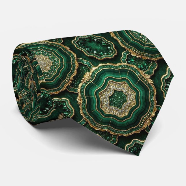 Luxus-Krawatte | Waldgrüne Gold-Geode Schlips Krawatte (Gerollt)