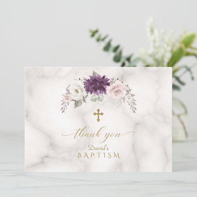Luxus Lavendel Blush Blume Gold Cross Taufe Dankeskarte (Stehend Vorderseite)