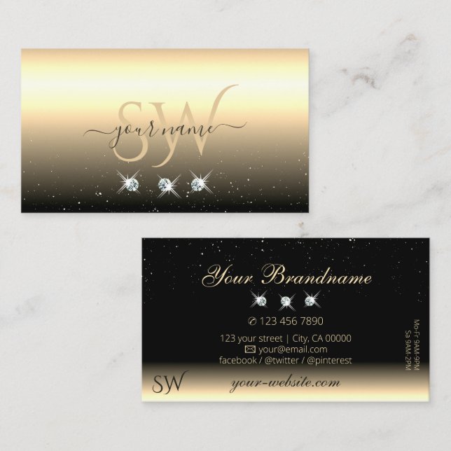 Luxus Light Gold Black Sparkling Jewels Initials Visitenkarte (Vorne/Hinten)