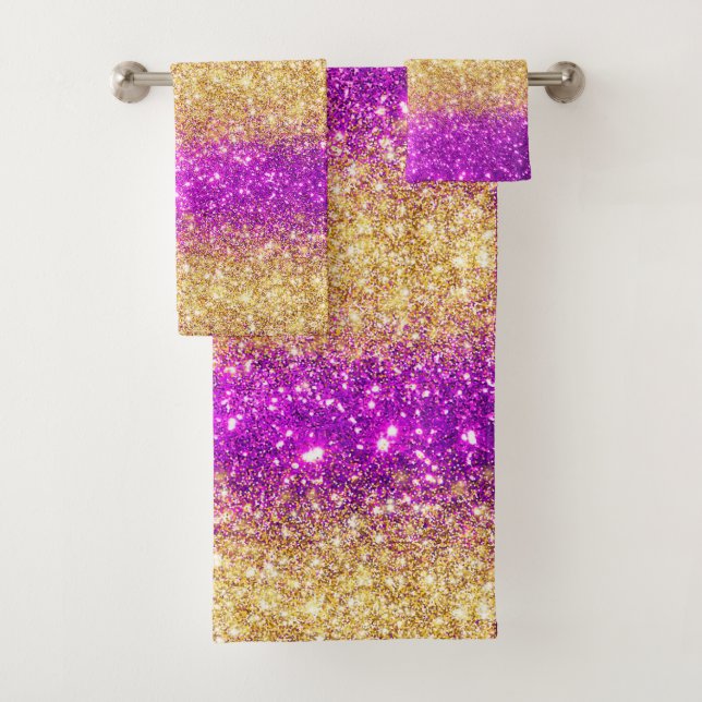 Luxus Lila Gold Glitzer Badhandtuch Set (Insitu)