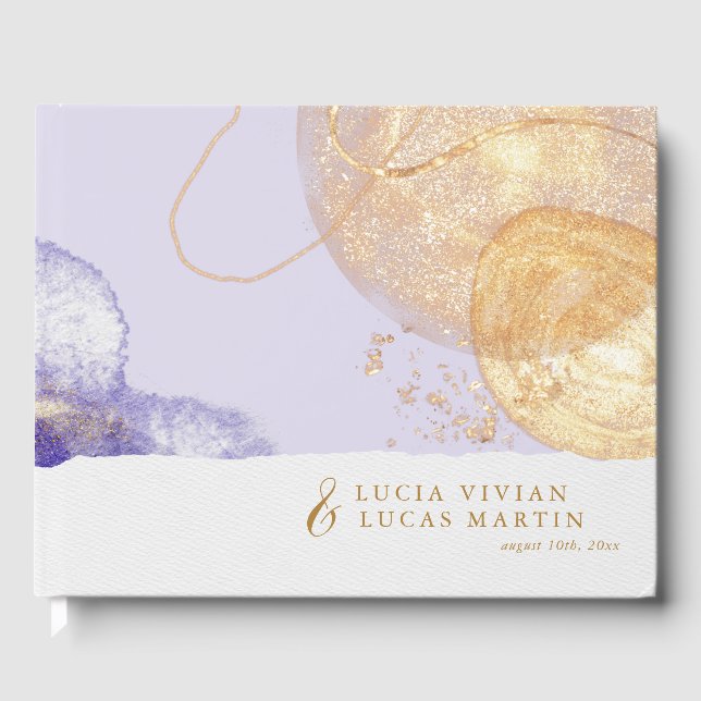 Luxus Lila & Golden Abstrakt Wedding Gästebuch (Vorderseite)