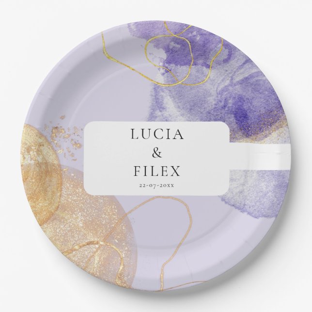 Luxus Lila & Golden Abstrakt Wedding Pappteller (Vorderseite)