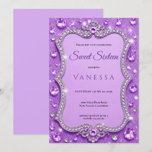 Luxus-Lila-Rheinsteine Glitter Sweet 16 Einladung