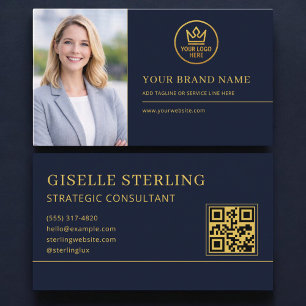 Luxus-Logo Blau Gold Foto QR-Code Visitenkarte