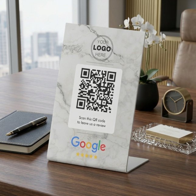 Luxus-Marmor-Geschäft-Review-QR-Code Sockelschild (Luxury Marble QR Code Review Sign | Custom Logo Pedestal Display for Business)