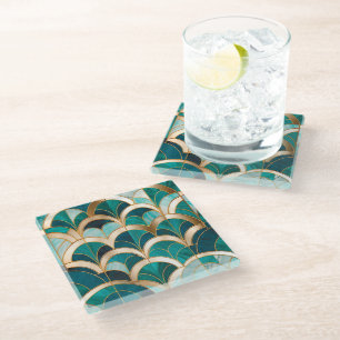 Luxus Marmor Mosaik Art Deco Türkis Blau Gold Glasuntersetzer
