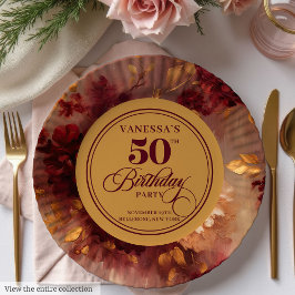Luxus Marsala Blush Gold Floral 50. Geburtstag Pappteller