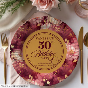 Luxus Marsala Roségold Floral 50. Geburtstag Pappteller