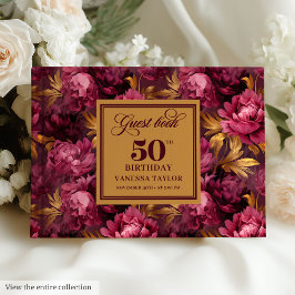 Luxus Merlot Blush Gold Floral 50. Geburtstag Gästebuch
