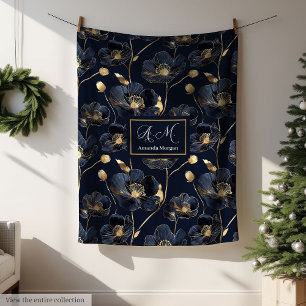 Luxus-Minimalist Navy-Wurf mit goldenen Blumen und Fleecedecke