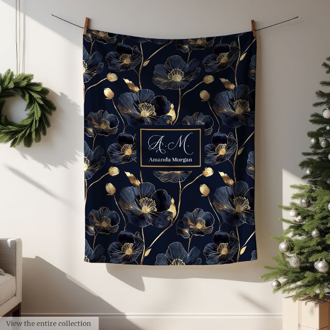 Luxus-Minimalist Navy-Wurf mit goldenen Blumen und Fleecedecke (Lux Minimalist Navy Throw Gold Flowers Monogram)