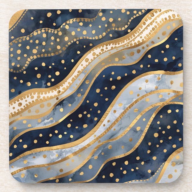 Luxus, Modern, Gold Blau Muster Getränkeuntersetzer (Vorderseite)