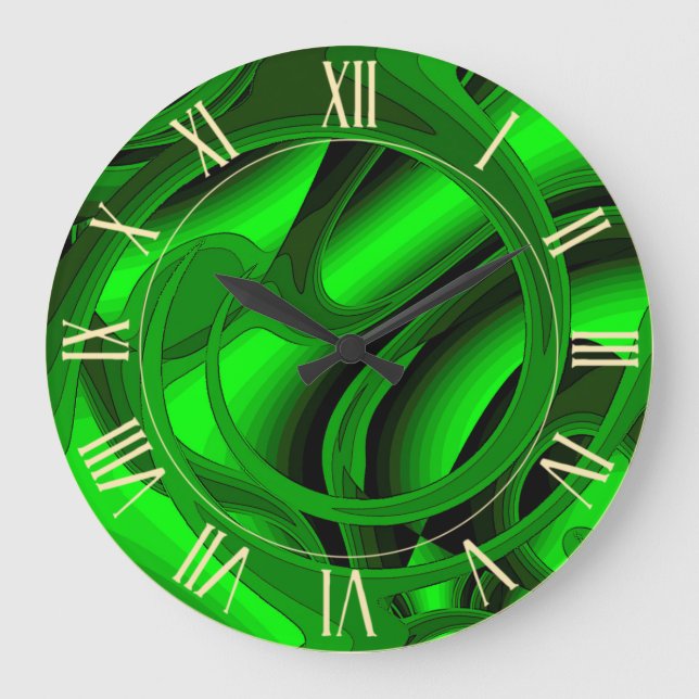 Luxus Moderne grüne Abstrakt-florale Rose Große Wanduhr (Vorderseite)