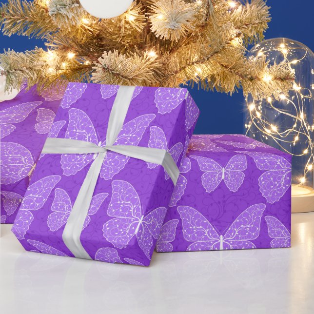 Luxus Moderne Lila Blumen-Schmetterlinge Geschenkpapier (Feiertage)
