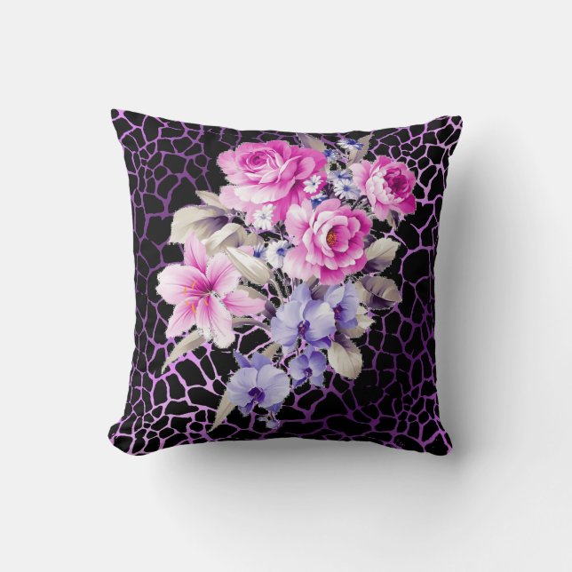 Luxus Moderne Lila Schwarze Rose Tigar Kissen (Vorderseite)