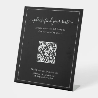 Luxus-Moderne Schwarze Hochzeits-QR-Code-Sitzordnu Sockelschild