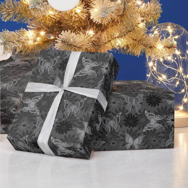 Luxus Moderne Silberne natürliche Blütenschmetterl Geschenkpapier (Feiertage)