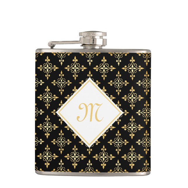 Luxus Monogram Black and Gold Quatre Floral Flachmann (Vorderseite)