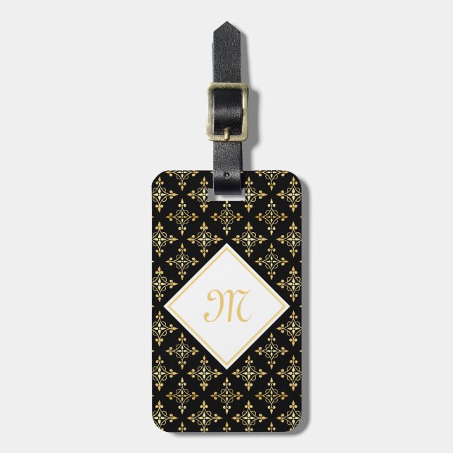 Luxus Monogram Black and Gold Quatre Floral Gepäckanhänger (Vorderseite vertikal)