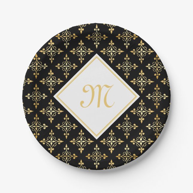 Luxus Monogram Black and Gold Quatre Floral Pappteller (Vorderseite)