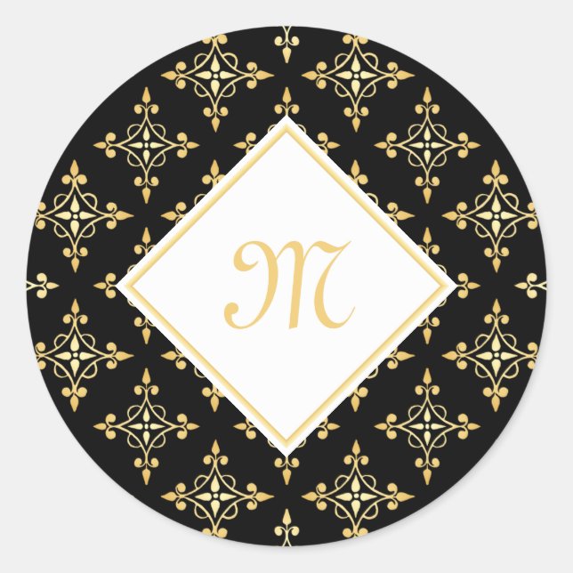 Luxus Monogram Black and Gold Quatre Floral Runder Aufkleber (Vorderseite)