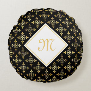 Luxus Monogram Black and Gold Quatre Floral Rundes Kissen