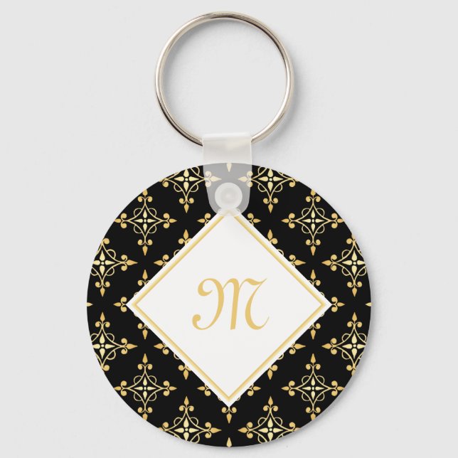 Luxus Monogram Black and Gold Quatre Floral Schlüsselanhänger (Vorderseite)