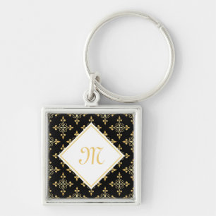 Luxus Monogram Black and Gold Quatre Floral Schlüsselanhänger