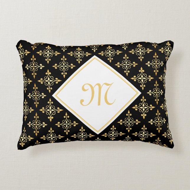 Luxus Monogram Black and Gold Quatre Floral Zierkissen (Vorderseite)