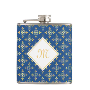 Luxus Monogram Blue and Gold Quatre Floral Flachmann