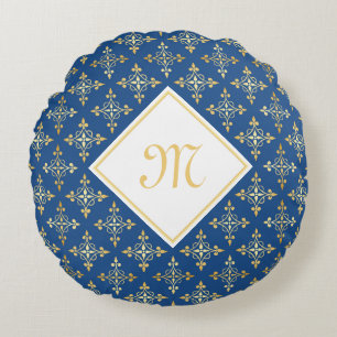 Luxus Monogram Blue and Gold Quatre Floral Rundes Kissen