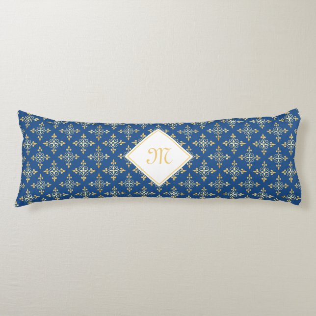 Luxus Monogram Blue and Gold Quatre Floral Seitenschläferkissen (Vorderseite)