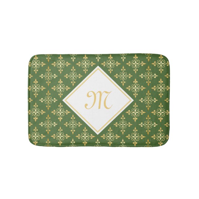 Luxus Monogram Green und Gold Quatre Floral Badematte (Vorderseite)