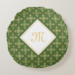 Luxus Monogram Green und Gold Quatre Floral Rundes Kissen