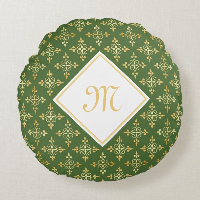 Luxus Monogram Green und Gold Quatre Floral Rundes Kissen (Vorderseite)